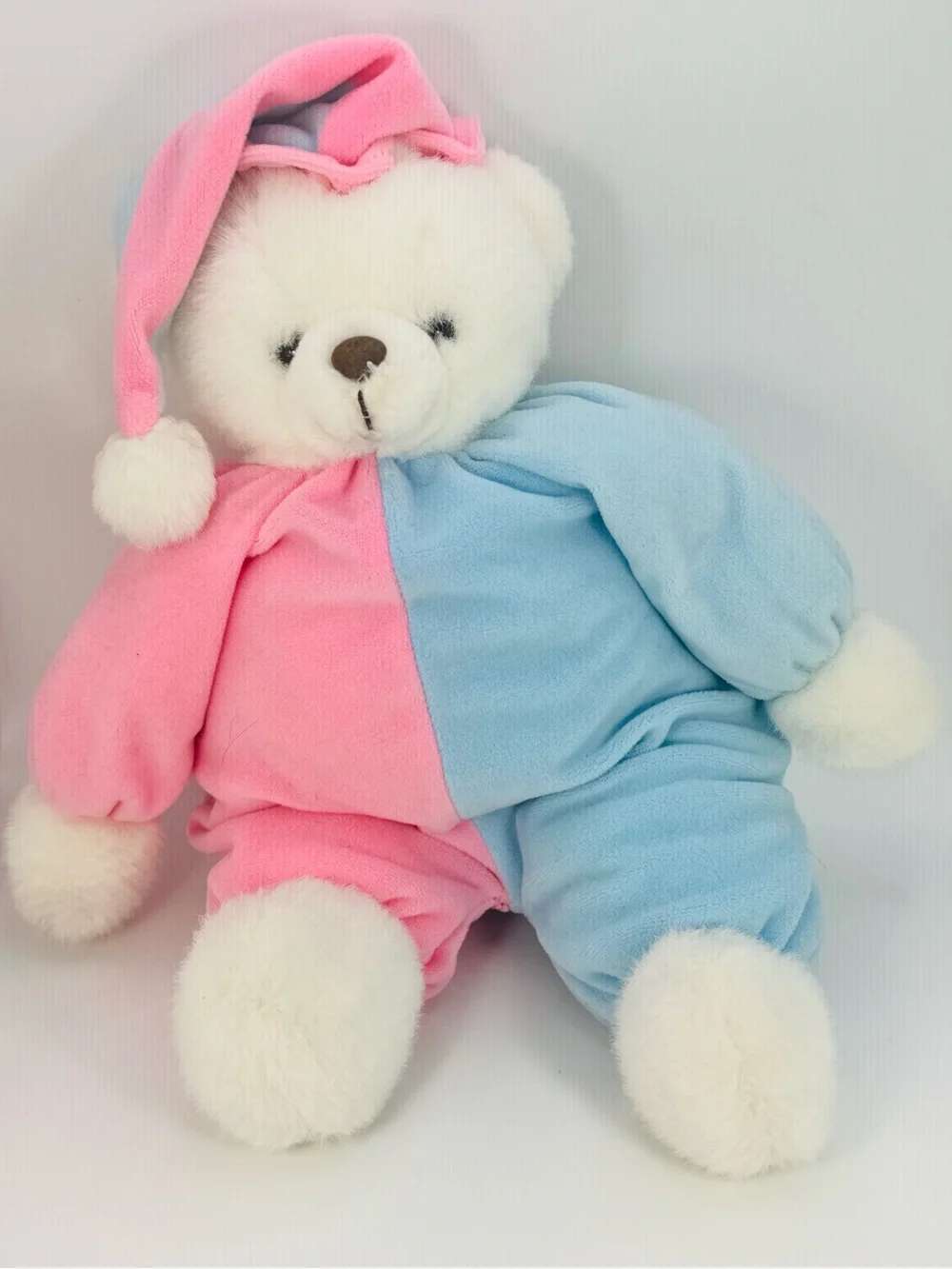 Vintage Teddy Bear Plush White Baby Pink Blue Hat Prestige Toy No Collar 12”